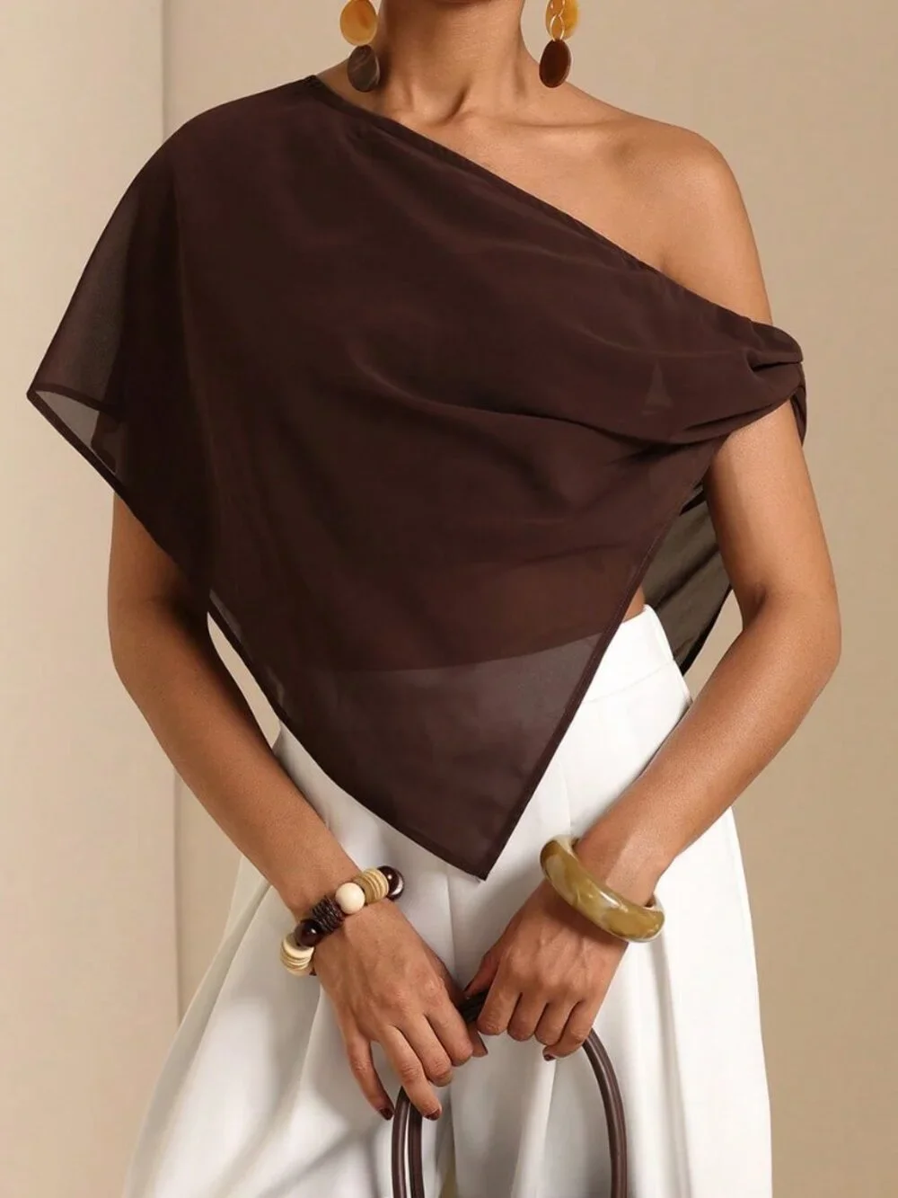 Coffee Brown Casual Women's Asymmetric Asymmetrical Shoulder Blouse